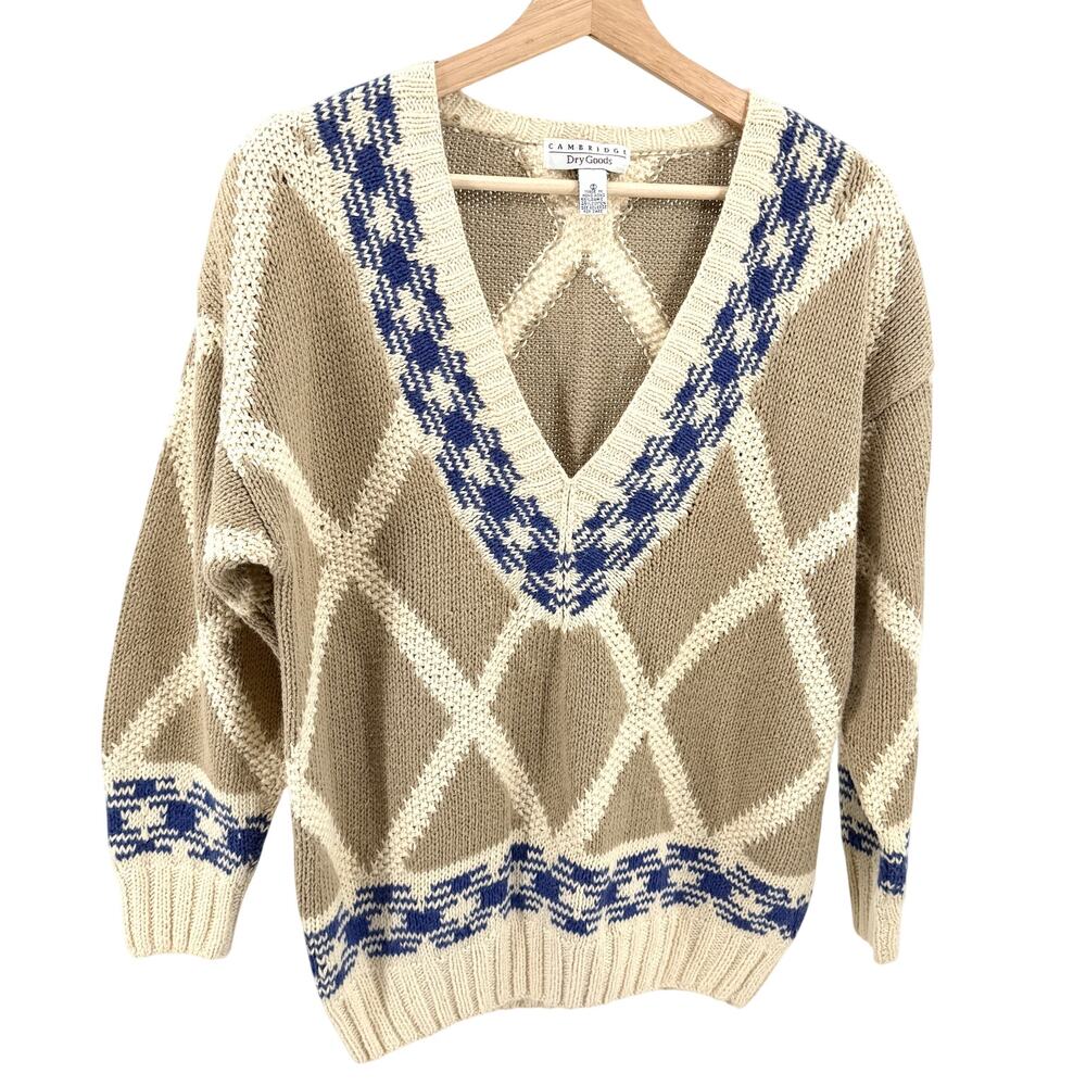 Vintage 90s Cambridge Dry Goods Beige Blue Geometric Diamond Knit V-Neck Sweater
